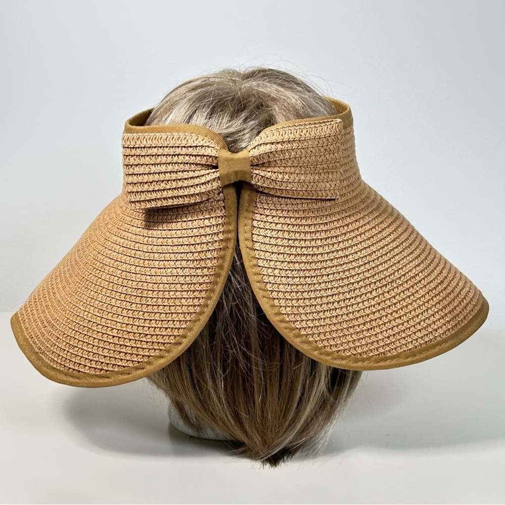 Straw Sun Visor Wide Brim Adjustable Roll to Pack Back Bow NWOT